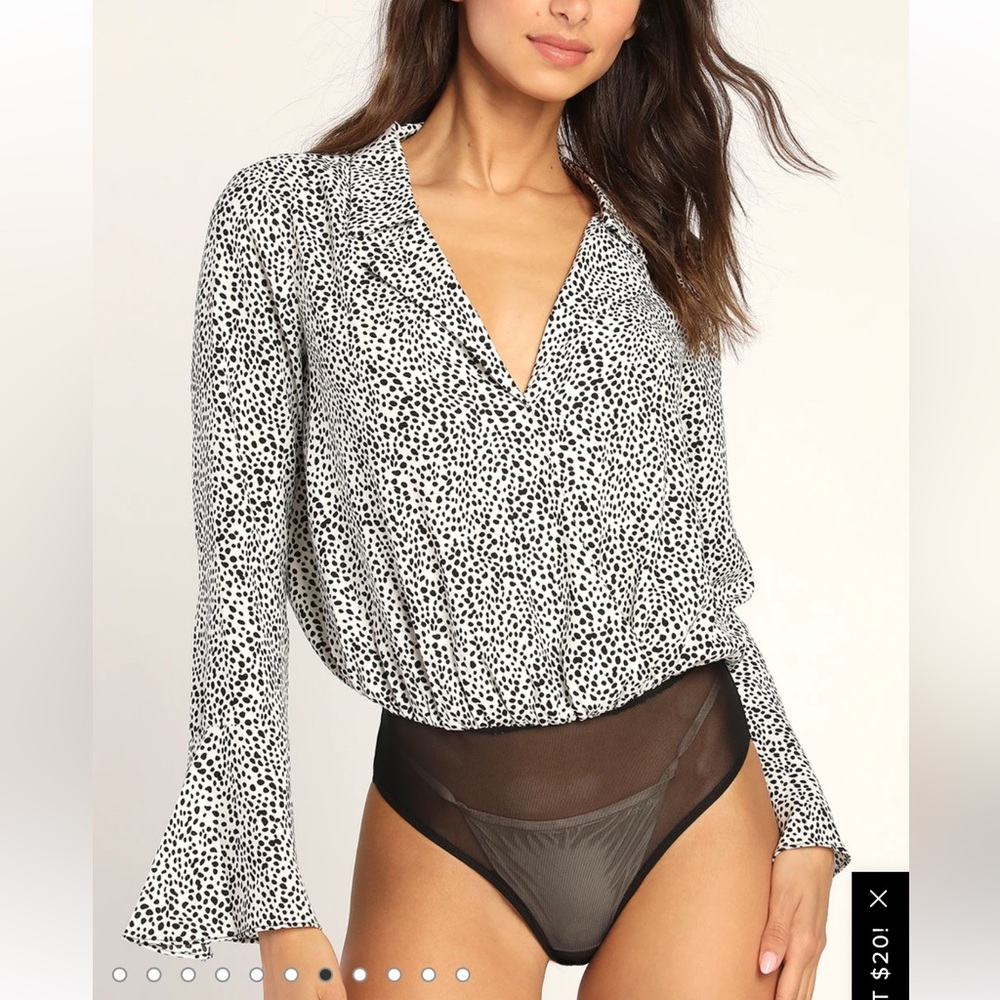 Lulus Always Lovely White & Black Animal Print Long Sleeve Bodysuit XL NWT